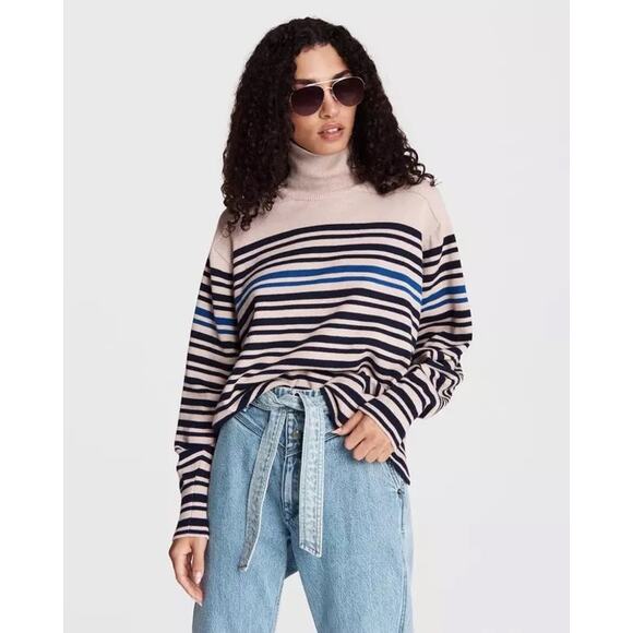 Rag & Bone Ann Striped Cashmere Blend Turtleneck Sweater in Oatmeal Size Large - Picture 1 of 5